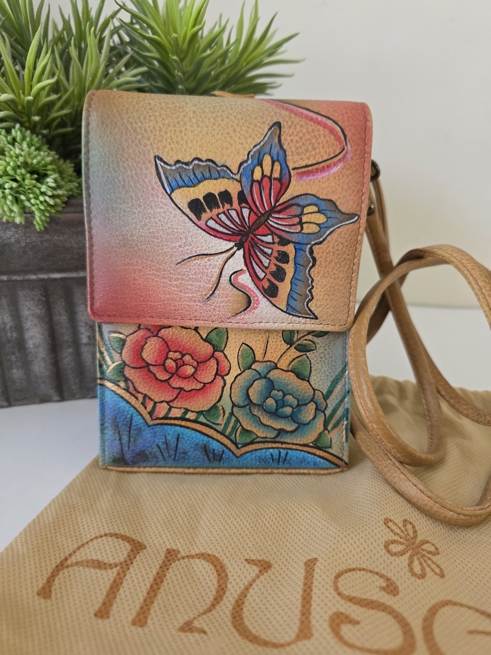 Anuschka Hand Painted Leather Crossbody Bag Butterfly Floral Mini Purse Clutch - Picture 4 of 16